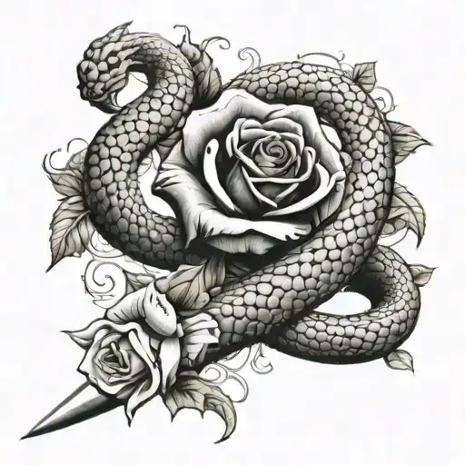 Snake curling up a dagger. The dagger should go through a rose. Dagger Handle should be unique. tattoo design idea