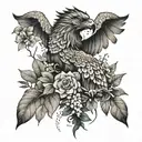 A nature-themed sleeve tattoo with snakes, hyenas, and eagles hidden among foliage and flowers tattoo design idea