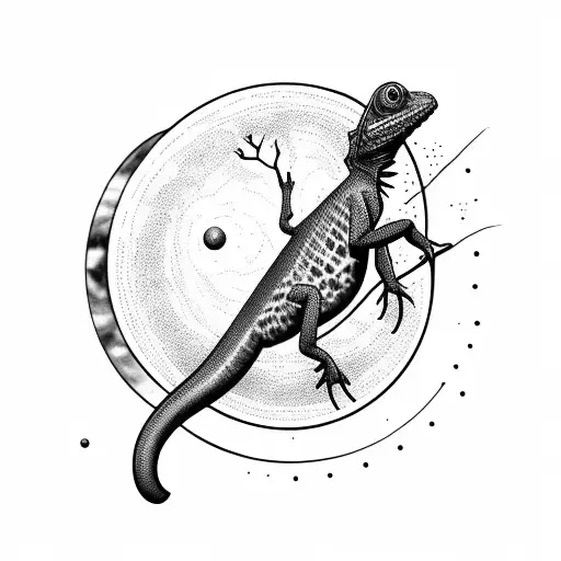 silhouette of a chameleon sitting on an elm branch and stretching its paw towards the scheme of the solar system tattoo design idea