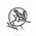 silhouette of a chameleon sitting on an elm branch and stretching its paw towards the scheme of the solar system tattoo design idea