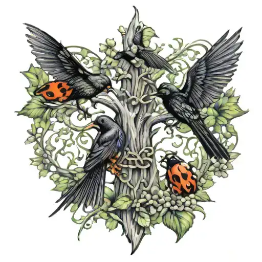 2 ladybugs 2 crows 2 dragonflys intertwined around a tree of life tattoo design idea