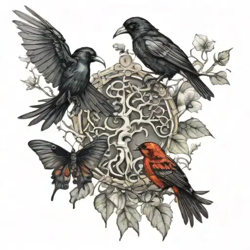 2 ladybugs 2 crows 2 dragonflys intertwined around a tree of life tattoo design idea