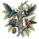 2 ladybugs 2 crows 2 dragonflys intertwined around a tree of life tattoo design idea