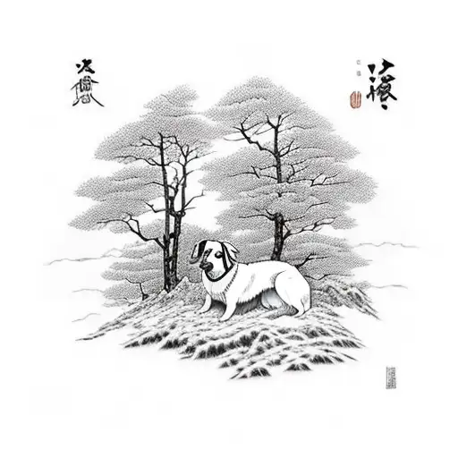 A scientist farmer with a border collie with a wooded landscape in the background tattoo design idea