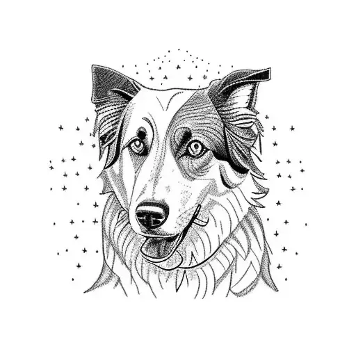 A scientist farmer with a border collie with a wooded landscape in the background tattoo design idea