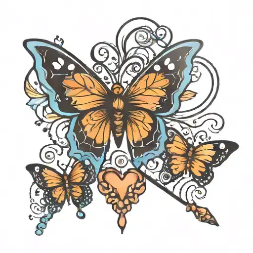 little heart with 3 butterflies and  magic wand  tattoo design idea