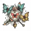 little heart with 3 butterflies and  magic wand  tattoo design idea
