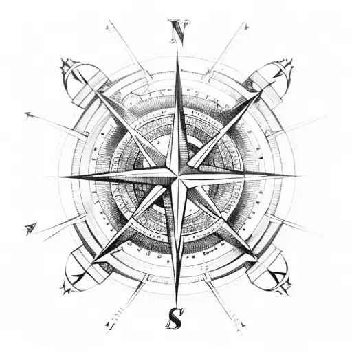 A detailed compass rose surrounded by nautical elements tattoo design idea