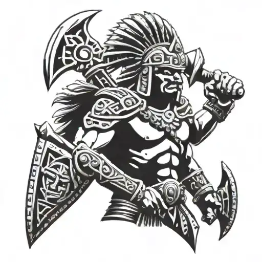 Aztec warrior holding two battle axes  tattoo design idea