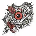 Demonic female samura sword over sharingan tattoo design idea