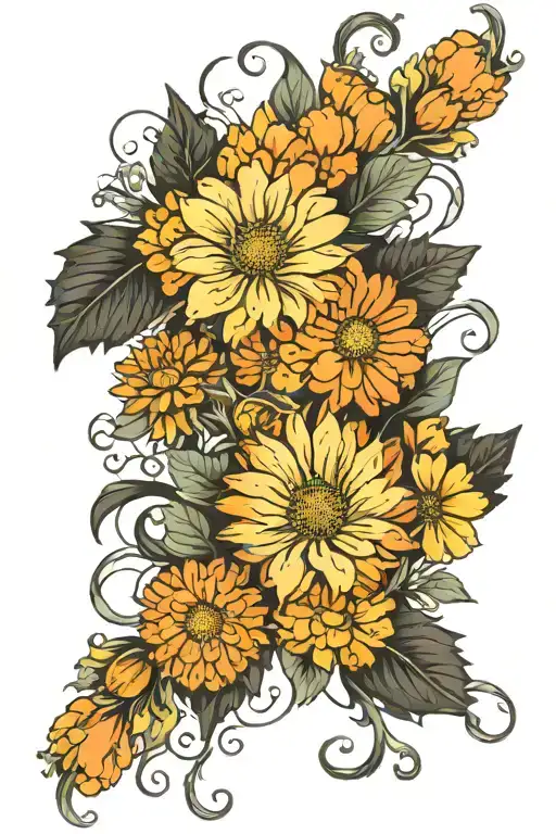 calendula and marigold flowers tattoo design idea