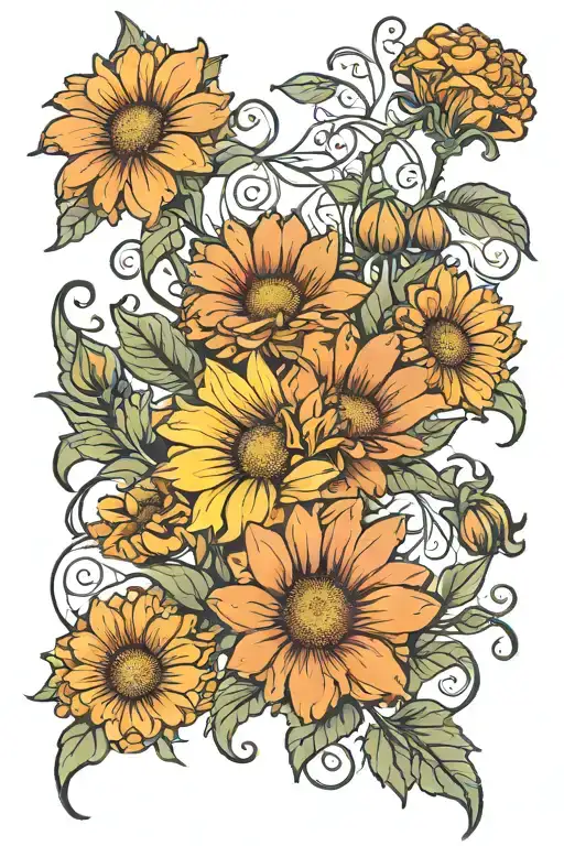 calendula and marigold vine tattoo design idea