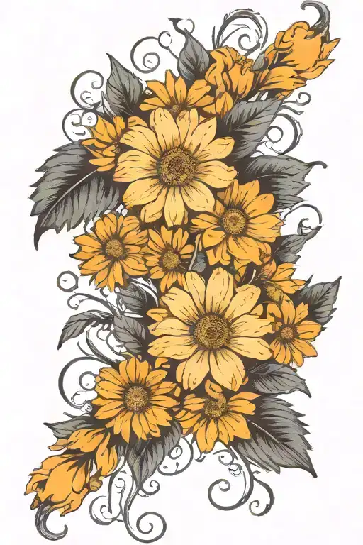 calendula and marigold vine with wings spread tattoo design idea