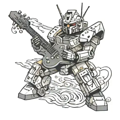 A gundam robot playing a guitar in a stormy weather setting tattoo design idea