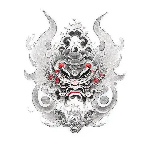 Mascara oni,espada y flores tattoo design idea