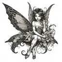 A dark and mysterious fairy with a sinister grin, surrounded by evil shadows tattoo design idea