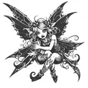 A dark and mysterious fairy with a sinister grin, surrounded by evil shadows tattoo design idea