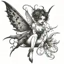A dark and mysterious fairy with a sinister grin, surrounded by evil shadows tattoo design idea