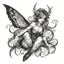 A dark and mysterious fairy with a sinister grin, surrounded by evil shadows tattoo design idea