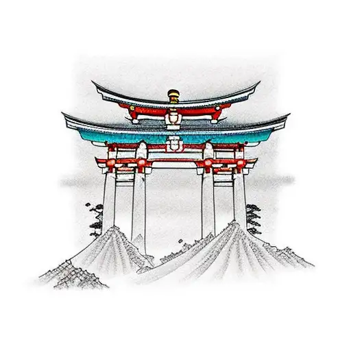 torii gate with mount fugi tattoo design idea