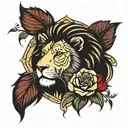 lion adn rose surrounded tattoo design idea