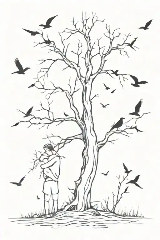 remembering death, a man leaning against a tree and birds flying above tattoo design idea