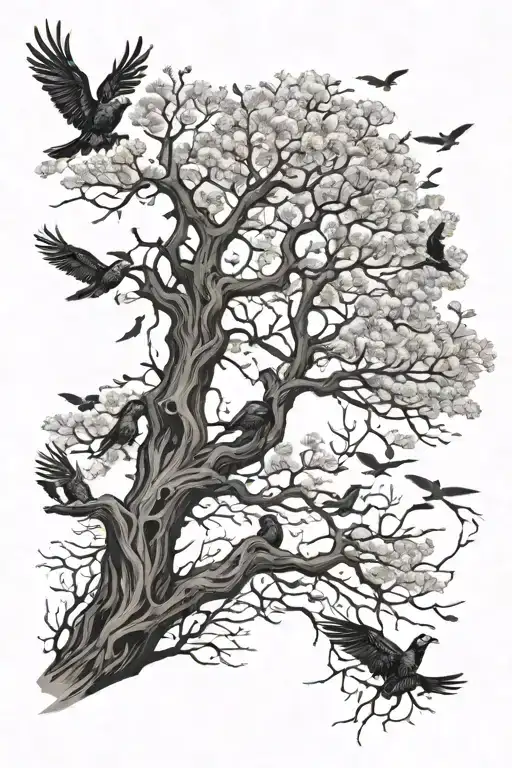 remembering death, a man leaning against a tree and birds flying above tattoo design idea