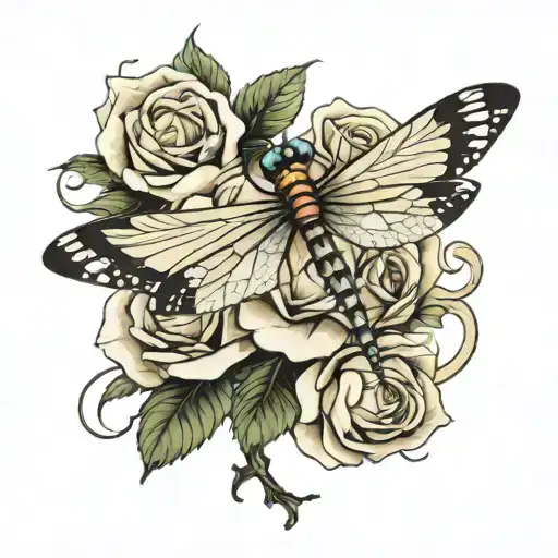 Dragonfly white rose tattoo design idea
