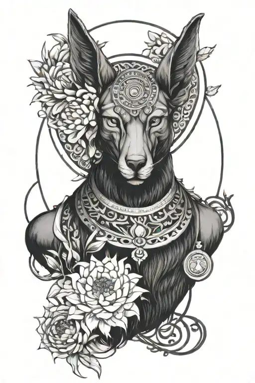 A mystical interpretation of Anubis surrounded by a halo of chrysanthemums and the moon tattoo design idea