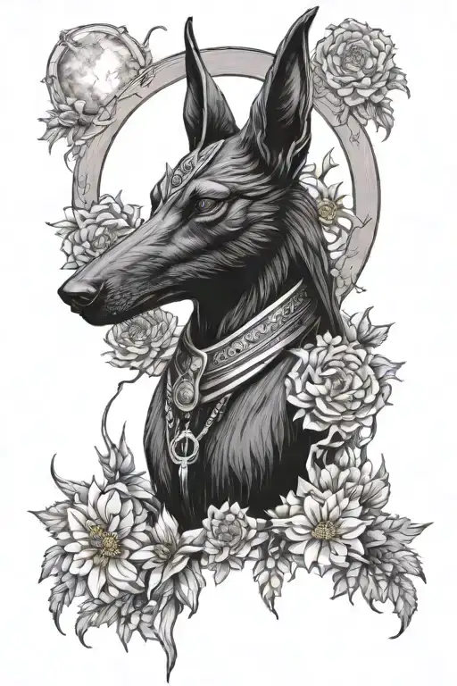 A mystical interpretation of Anubis surrounded by a halo of chrysanthemums and the moon tattoo design idea
