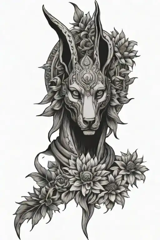 A mystical interpretation of Anubis surrounded by a halo of chrysanthemums and the moon tattoo design idea