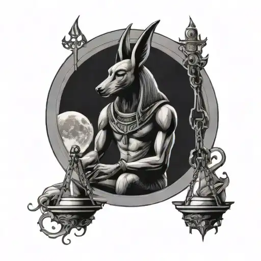 A spiritual depiction of Anubis holding the scales of justice under a full moon tattoo design idea