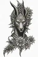 A mystical interpretation of Anubis surrounded by a halo of chrysanthemums and the moon tattoo design idea