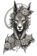 A mystical interpretation of Anubis surrounded by a halo of chrysanthemums and the moon tattoo design idea