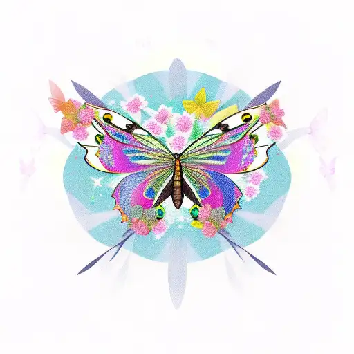 butterfly with flowers on one side of the wing, stars around it tattoo design idea