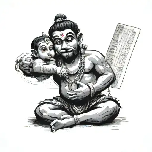 A minimalist design of a religious scripture being studied by a group of students, with a small Baby Hanuman hidden within the text tattoo design idea