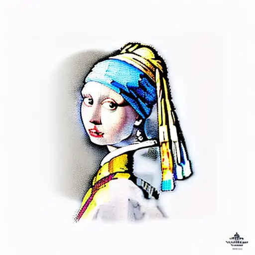 vermeer's girl with a pearl earring but with a calico cat tattoo design idea