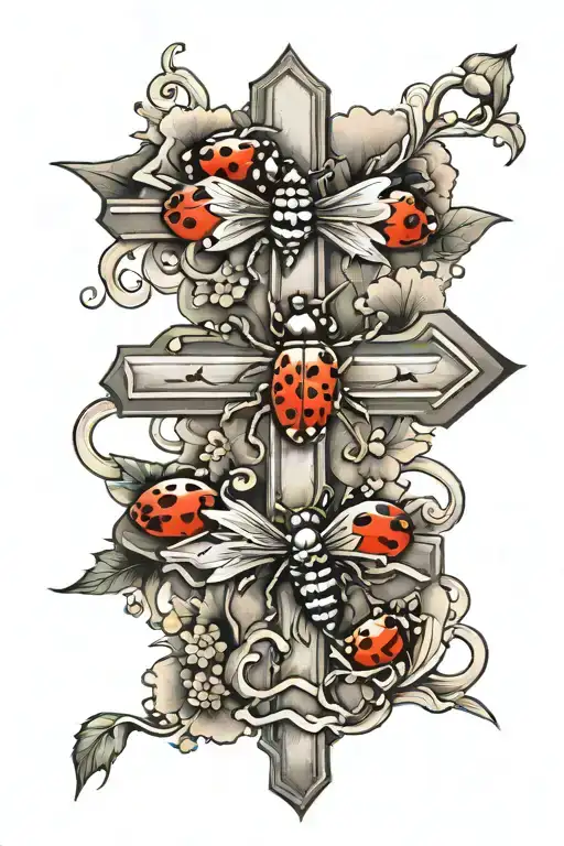 western cross with 3 ladybugs tattoo design idea
