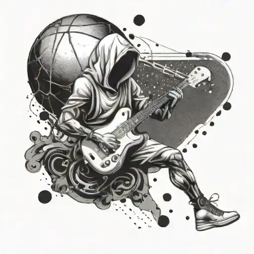 A surreal design featuring a hooded figure playing a musical instrument in a basketball court setting tattoo design idea