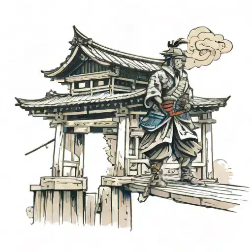 Draw me a Samurai Tattoo, hand drawing ink Samurai warrior standing on the japanese made wooden bridge, full sun at back tattoo design idea