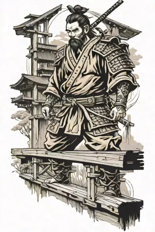 Draw me a Samurai Tattoo, hand drawing ink Samurai warrior standing on the japanese made wooden bridge, , wearing a famo tattoo design idea