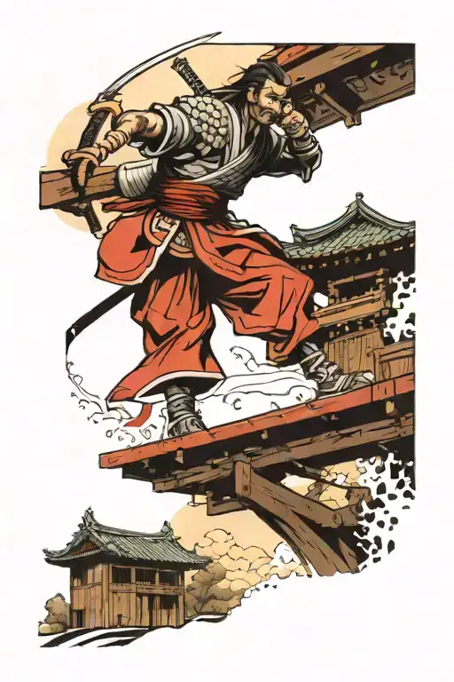 Draw me a Samurai Tattoo, hand drawing ink Samurai warrior standing on the japanese made wooden bridge, full sun at back tattoo design idea