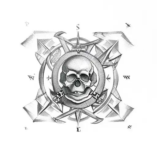 Skull and crossing bones intertwined with a compass rose tattoo design idea