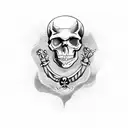 Skull and crossing bones with a banner that says 'Dead Men Tell No Tales' tattoo design idea