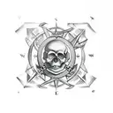 Skull and crossing bones intertwined with a compass rose tattoo design idea