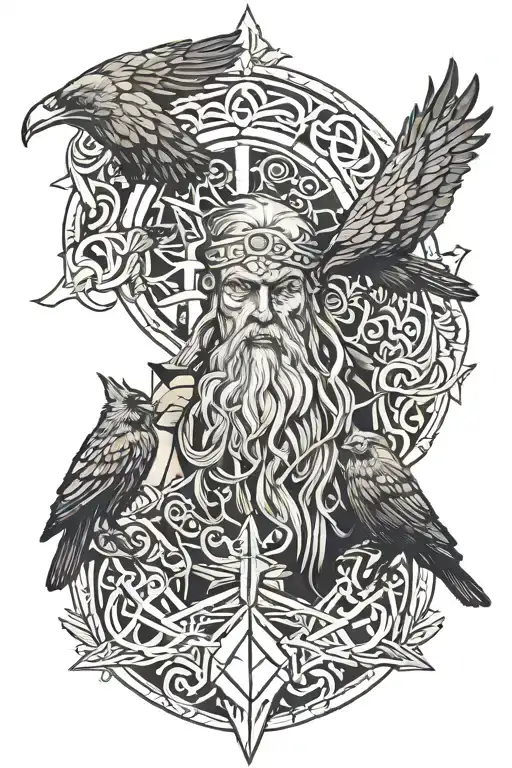 Odin and the Ravens of Odin with runes tattoo design idea