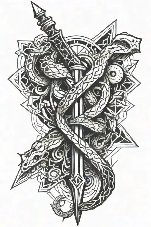 snake sword healing staff tattoo design idea