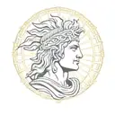 portrait of Alexander the Great, Macedonian sun shining behind him, Greek meander bordering  tattoo design idea