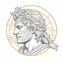portrait of Alexander the Great, Macedonian sun shining behind him, Greek meander bordering  tattoo design idea