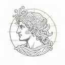 portrait of Alexander the Great, Macedonian sun shining behind him, Greek meander bordering  tattoo design idea